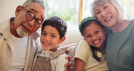 Canvas Print - Family, smile and face on video call, wave and hug at home, connect and hello for greeting. Grandparents and grandchildren, couch and online chat on holiday, vacation and happy or excited for love