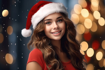 Sticker - Beautiful girl in a Santa Claus hat and a red T-shirt. AI generative.