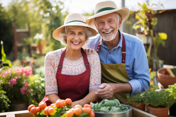 Wall Mural - Beautiful senior couple working in the garden. Landscape designer at work. Smiling elderly man and woman gardeners caring for flowers and plants. Hobby in retirement.