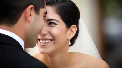 Wall Mural - A joyful bride and groom exchange smiles, radiating happiness on their special day.