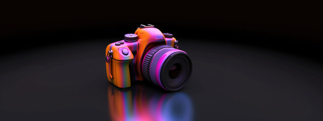 Wall Mural - a digital iridescent pink camera highlighted on a gray background. аn illustration with 3d rendering