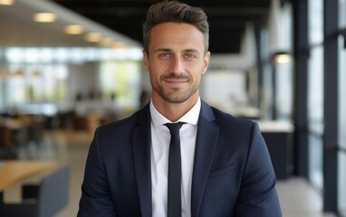 Wall Mural - Portrait of a 30 year old smiling businessman standing in a modern office and looking at the camera