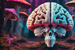 Psychology brain and skull next to magic mushrooms