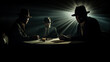 
Visualize a dimly lit, clandestine setting with an air of suspense. In the center of a round, worn poker table sits a shaded gangster, dressed in a sleek black shirt