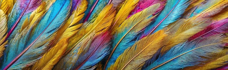 Vibrant and colorful feathers arranged in a tight, overlapping pattern, carnival festivities and costumes. The detailed texture and iridescence, spirit and dynamic atmosphere of a carnival parade.