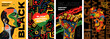 © Azat Valeev - Black History Month abstract graphic poster set. African American rights and freedom celebrate in February. Creative placard with fist. Art design Africa and man on colorful print. Vector eps banners