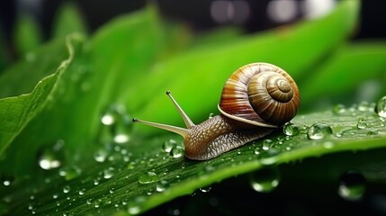 Snail on a green sheet after the rain