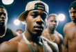 Shirtless muscular rapper with golden cap. Portrait of a black hip hop artist with african american guys in the background