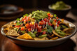 A colorful plate of vegan nachos loaded with black beans, guacamole, and dairy-free cheese. Concept of a tasty and guilt-free nacho dish. Generative Ai.