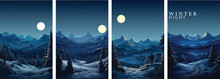 Banner Of Winter Landscape Set, Night, Tree And Snow, Mountain, River, Vector Illustration, Landscape Background, Wallpaper, Poster