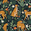 Leopards, flowers, and tropical leaves on a black background. Vector seamless pattern. Trendy style.