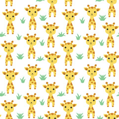  Giraffe seamless pattern. Giraffe and grass repeat on white background. Cartoon style. Color vector illustration.