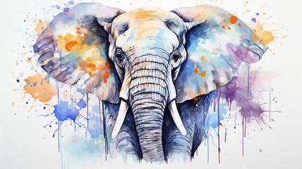 Naklejka na meble elephant watercolor portrait, multicolored paints on a white background