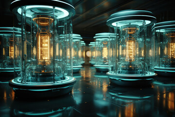 Poster - Quantum computing processors, suspended in a futuristic laboratory, symbolize the evolution of computing technology beyond classical limitations. Generative Ai.