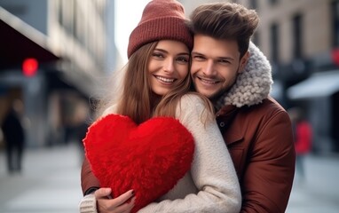 Wall Mural - A happy beautiful couple hugging a plush red heart