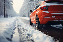 A Car Wheels On The Background Of A Winter Road And A Beautiful Landscape, A Snow-covered Forest, A Concept Of Traffic Safety On A Slippery Road