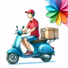 Wall Mural - Watercolor delivery person delivering boxes isolated on white background 