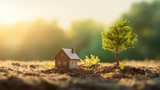 Fototapeta  - Closed up tiny home model on green grass with sunlight background.