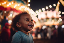 Portrait Happy Black Baby Playing At The Fairground