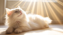 Cute Cat In The Rays Of Sunlight In The Interior Of A Cozy Apartment, Spring Sunny Mood