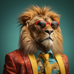 Sticker - a close up of a lion wearing red sunglasses and a shirt