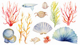Fototapeta  - watercolor illustration collection underwater world of fish and corals isolated on a white background