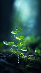Wall Mural - vertical background green forest, dew drops and wet rain on young leaves and shoots in the depths of