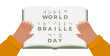 Awareness banner for World Braille Day with human hands with book