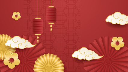 Wall Mural - Red white and gold chinese style decorative background design luxury vector illustration. Trendy happy chinese new year 2024 design template.