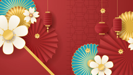 Poster - Red green and gold vector realistic chinese new year background. Trendy happy chinese new year 2024 design template.
