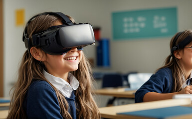 Wall Mural - portrait of a schoolgirl girl wearing virtual reality glasses at school interactive