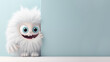 Cute white 3D cartoon character, monster peeking behind empty, blank wall