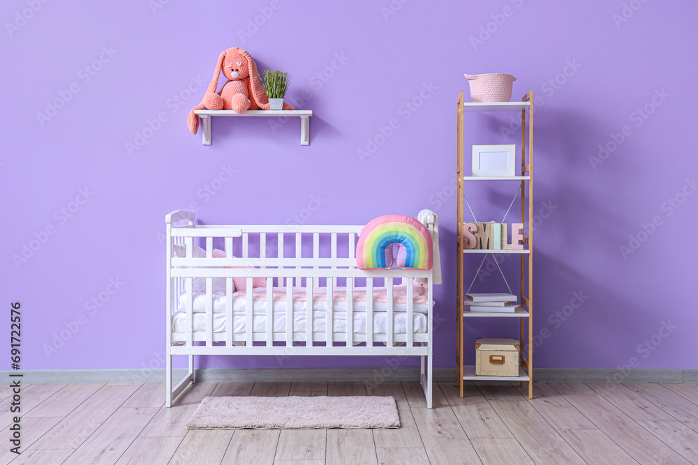 Stylish interior of children's room with comfortable bed