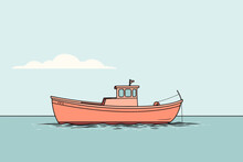 Fishing Boat In The Sea, Calm And Pastel, Vector Illustration