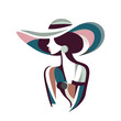 Minimalistyczny portret pięknej kobiety w eleganckim kapeluszu z szerokim rondem. Młoda dziewczyna w geometryczny kolorowy deseń. Ilustracja wektorowa High Fashion.
