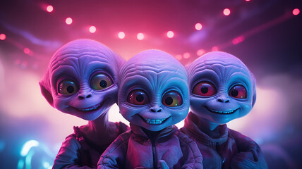 Wall Mural - portrait of a group of three cheerful aliens on a fog background