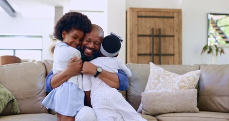 Wall Mural - Running, love and black family hug on a sofa happy, smile and excited in their home together. Hello, care and African dad embrace children a living room with support, trust or security in a house