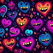 Strange ugly hearts with faces, Neon, Vector clipart Valentine seamless pattern, Red and pink, illustration, Funky doodle trendy print, colorful handdrawn childish cartoon art. Groovy fauve weird odd 