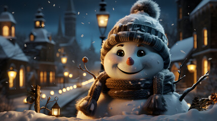 Wall Mural - Snowman in village at christmas night. 3D illustration. Winter background. 