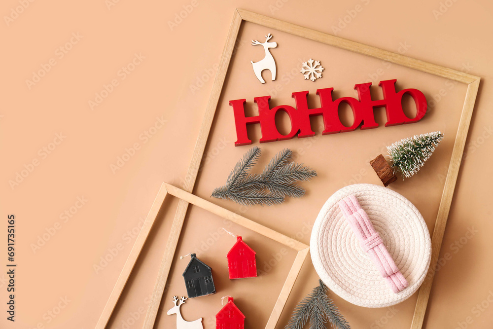 Composition with picture frames and beautiful Christmas decor on color background