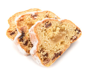 Wall Mural - Slices of tasty Christmas stollen on white background