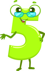 Aufkleber - Cartoon funny math number five character. Arithmetic teacher number, school math or kids education funny numeric symbol isolated vector personage. Mathematics 5 digit cute character in glasses