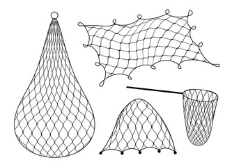 Gillnet or gill and fish trap, bottom net of fishing and fishery industry, vector icons. Fishnet or fisher net trap for angling or hunting, fisherman hoop net or gill and fish cage catcher