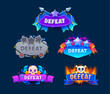 © Vector Tradition - Defeat game badges and shields for game UI and battle level lose, vector popup elements. Defeat banner with skull bones burning in fire, broken stone with ribbon and stars for arcade game level fail
