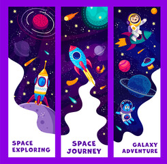 Poster - Cartoon space banners. Funny astronaut and alien, rocket and space galaxy landscape. Vector fantasy universe background, planets, spaceships and comets, cute kid spaceman and martian characters