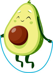 Poster - Cartoon jumping avocado character. Raw tropical fruit half isolated vector funny personage. Avocado cheerful mascot or character doing fitness exercise, do sports activities with jumping rope