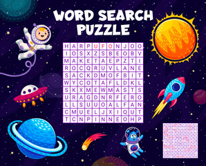 Poster - Word search puzzle game, astronaut and rocket between space planets, vector quiz worksheet. Alien UFO at starry galaxy and kid spaceman with cartoon martian and spaceship in word search puzzle game