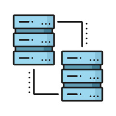Poster - Database network server and cloud storage color line vector icon of internet technology. Data server pictogram of backup storage and database exchange, digital information and files transfer line icon