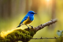 Natural Background And A Small Blue Bird Perched On A Branch With A Small Moss Tree, Covered In The Forest By Water Against The Yellow Light Of The Background Of The Spring Morning Sun