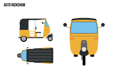 Auto Rickshaw Flat design illustration, Public Vehicles , top view, side view, front view, isolated by white background